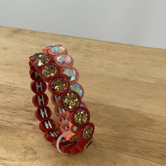 AB Rhinestone Red & Coral Stretch Bracelets Set of 2 Fashion Jewelry - Picture 7 of 9